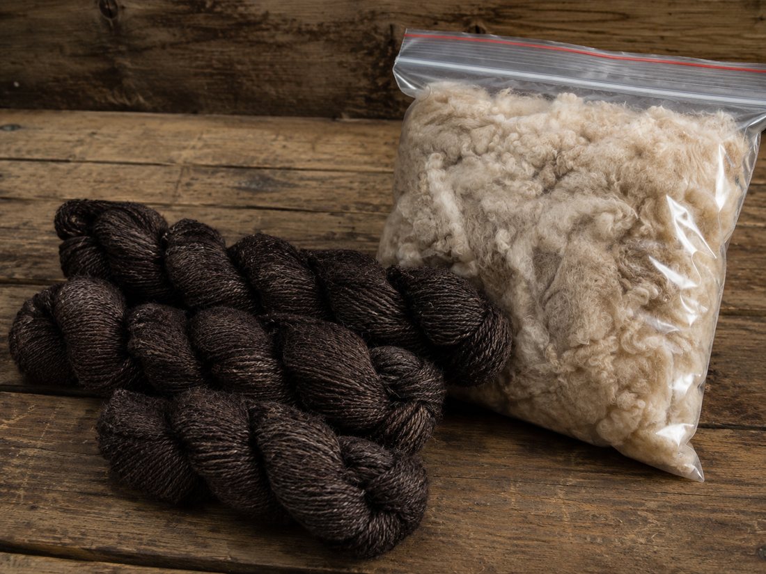 Undyed brown alpaca skeins beside the raw fleece they were spun from, showing how much yarn a fleece makes.