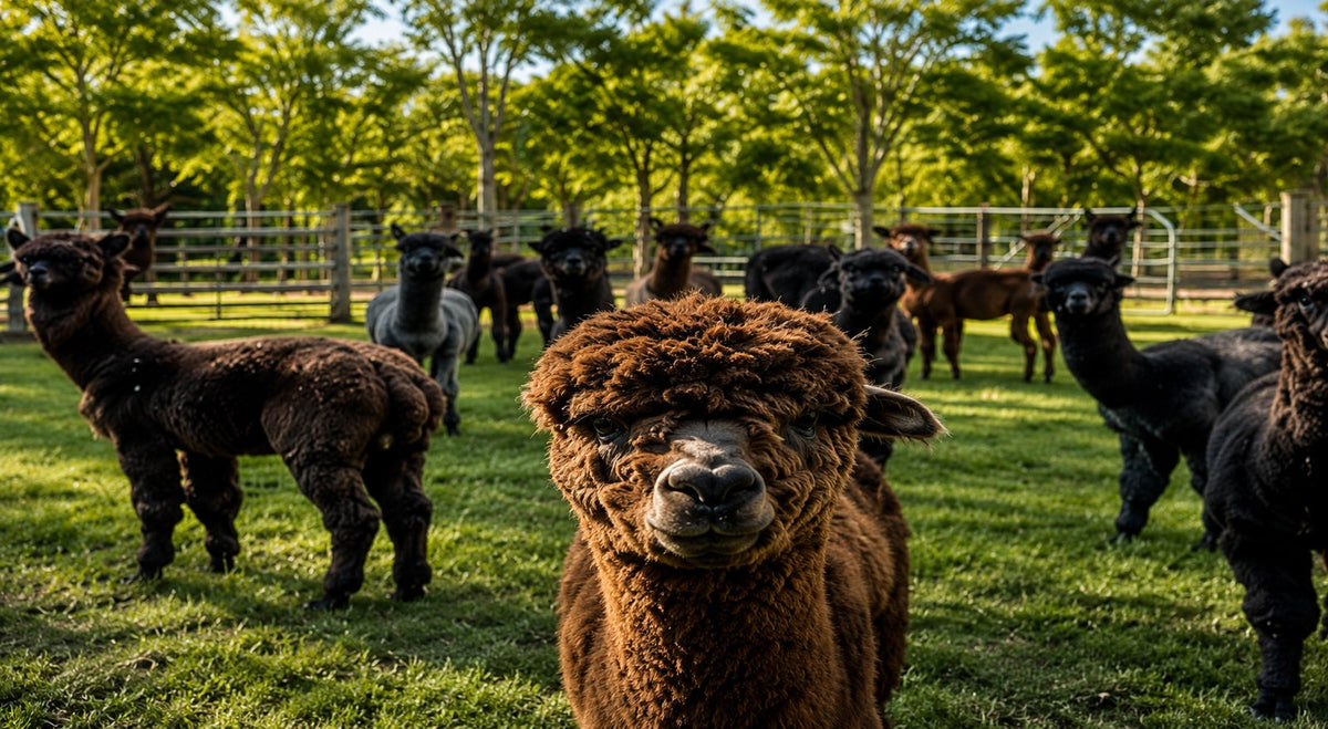 A brown alpaca from our herd at Mulgoa, close up and unbothered by the camera.