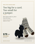 The Little Alpaca Box — a 20cm black alpaca soft toy and a pair of Paca Print Socks in vicuna, $79