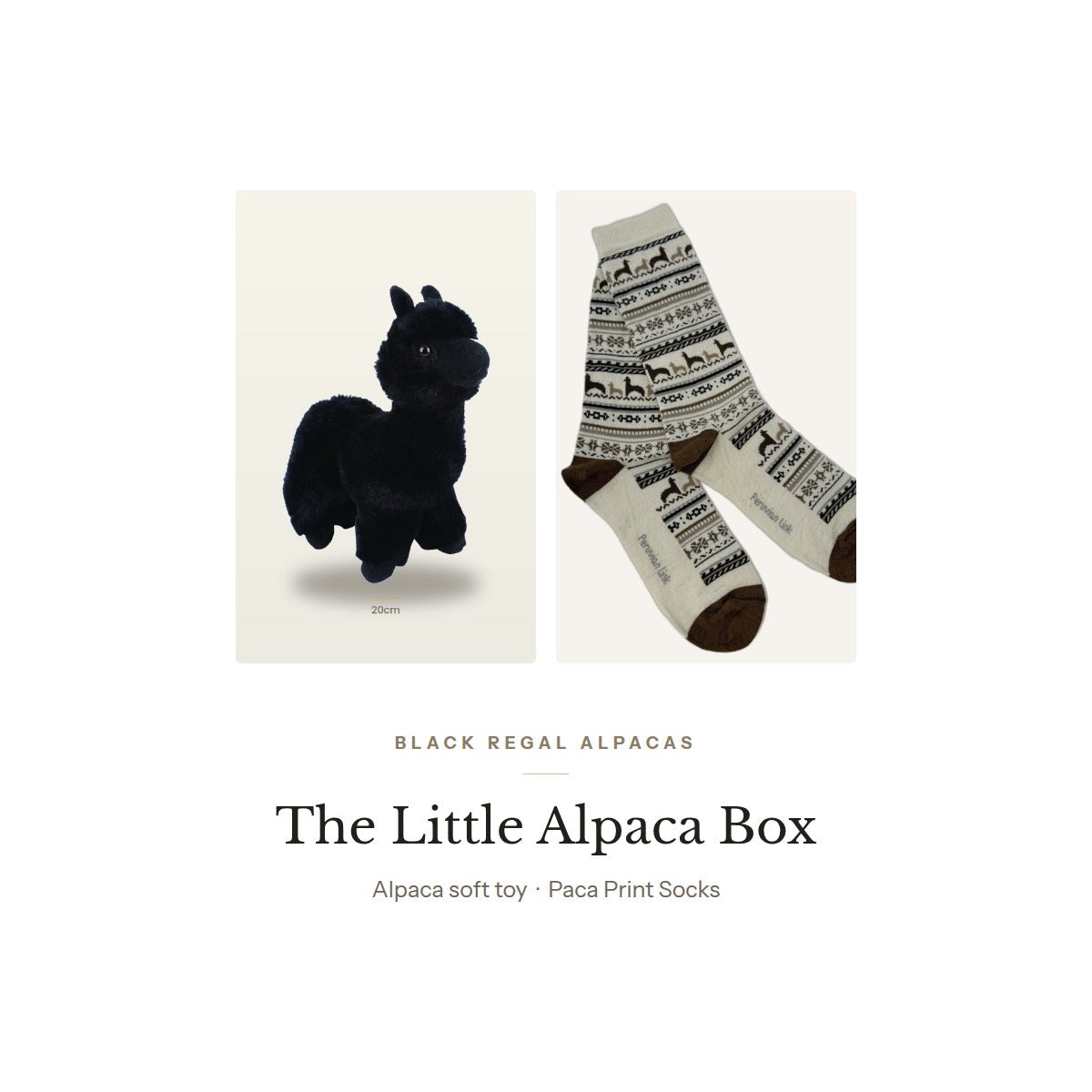 The Little Alpaca Box: a 20cm black alpaca soft toy and a pair of Paca Print Socks.