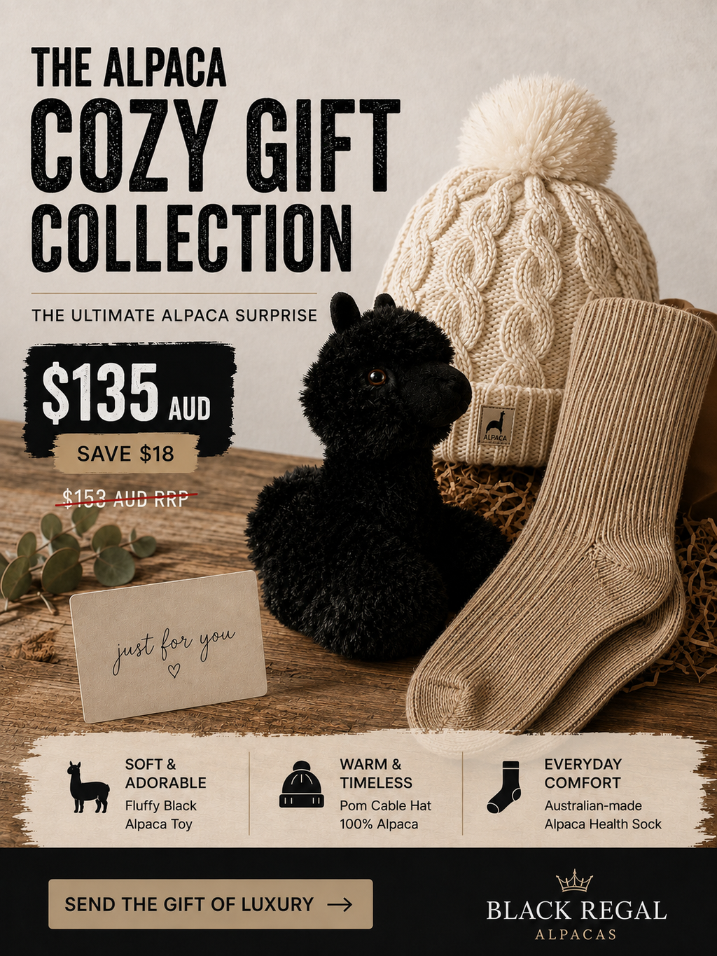 The Alpaca Gift Box in cream — soft toy, ivory Pom Cable Hat, Alpaca Health Socks and a just for you card