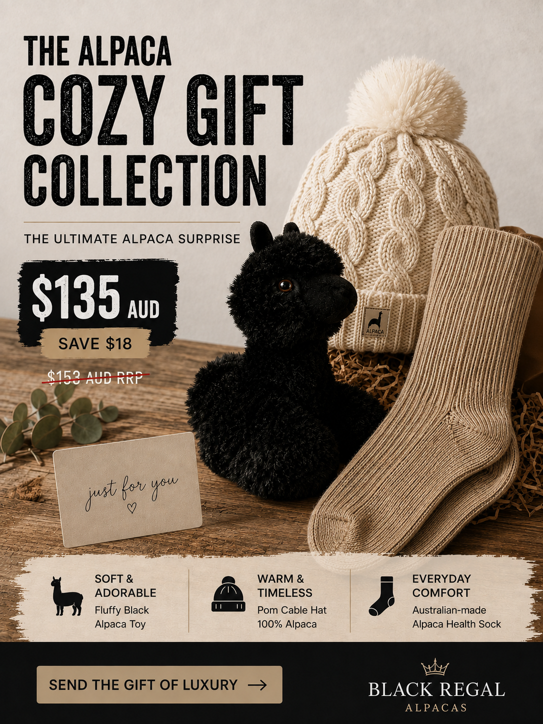 The Alpaca Gift Box in cream — soft toy, ivory Pom Cable Hat, Alpaca Health Socks and a just for you card