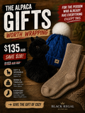The Alpaca Gift Box — a black alpaca soft toy, a Pom Cable Hat in denim and a pair of Australian-made Alpaca Health Socks, $135