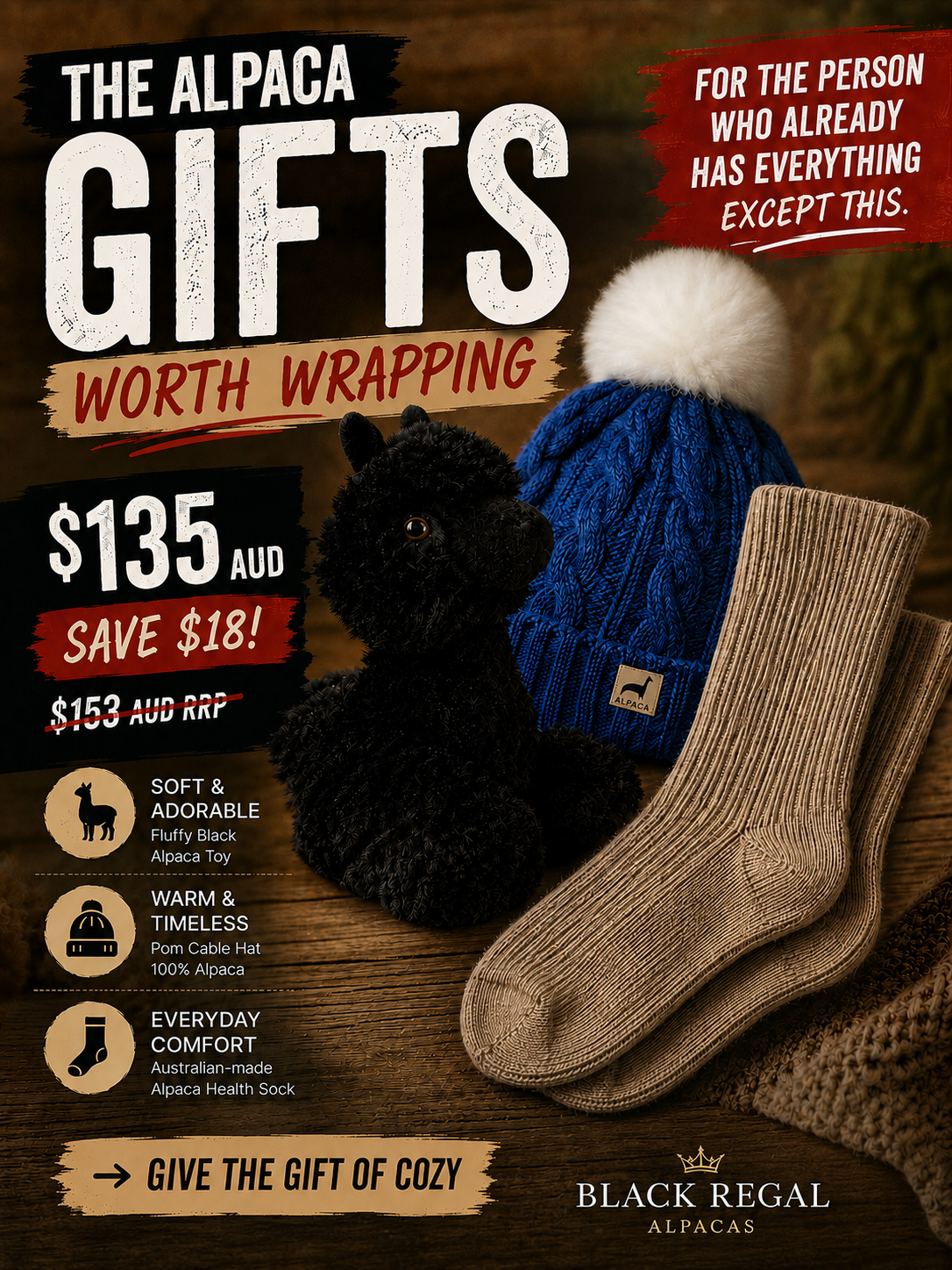 The Alpaca Gift Box — a black alpaca soft toy, a Pom Cable Hat in denim and a pair of Australian-made Alpaca Health Socks, $135