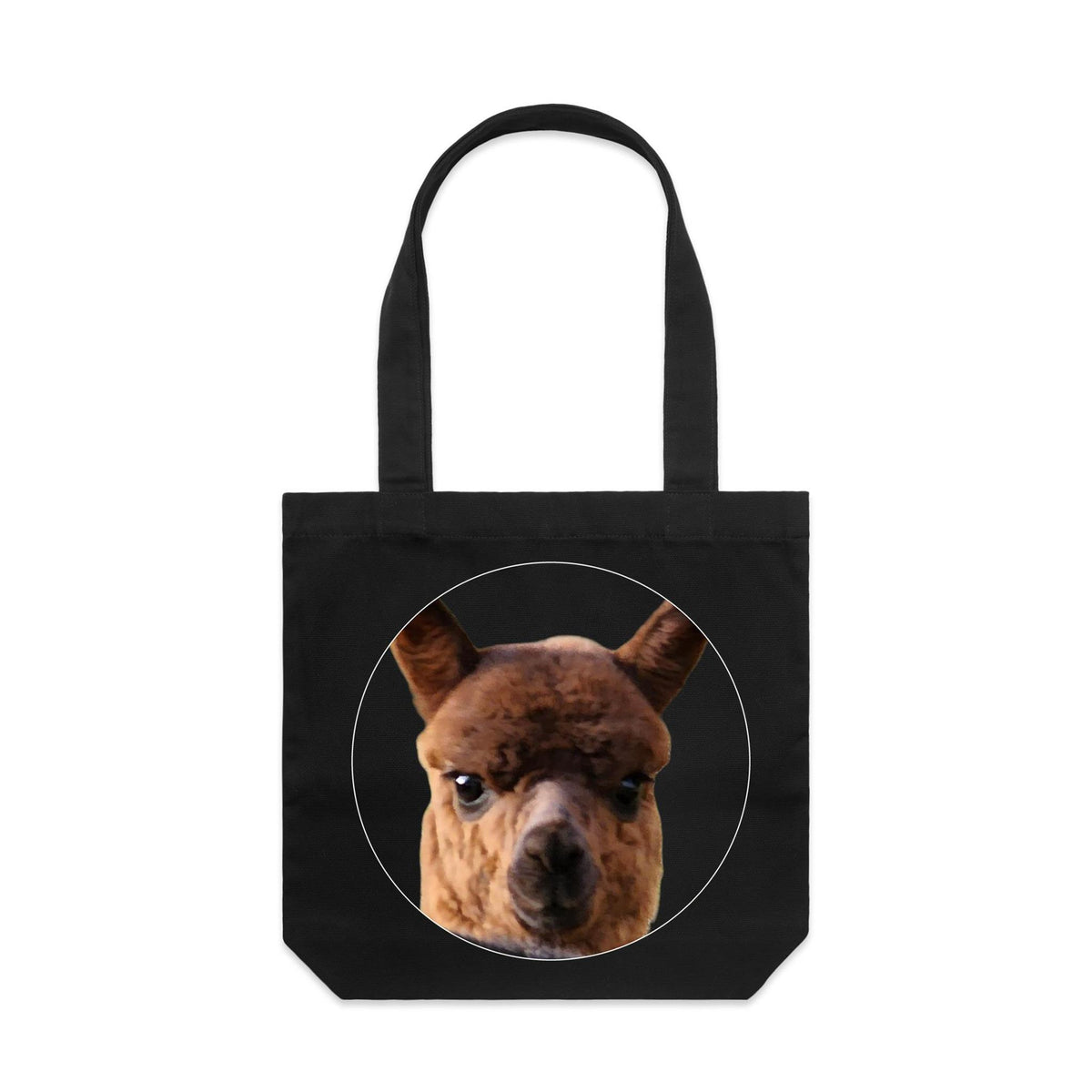Portrait No. 1 Alpaca Tote — one of our own black alpacas printed on a cotton tote