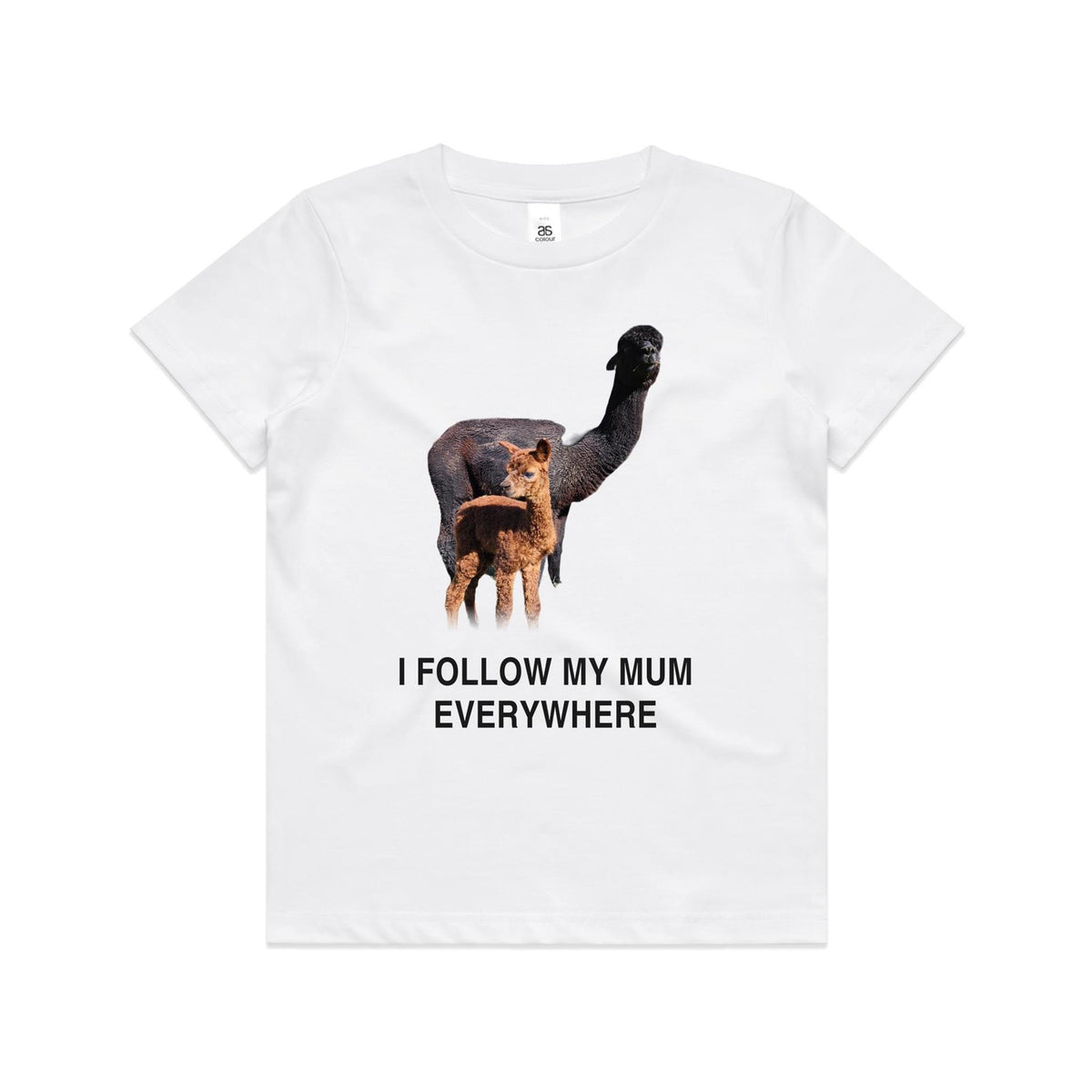 I Follow My Mum Everywhere Kids Tee — alpaca print on a kids' cotton tee