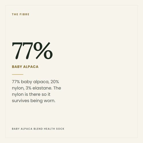 77% baby alpaca — the composition of our Baby Alpaca Blend Health Sock