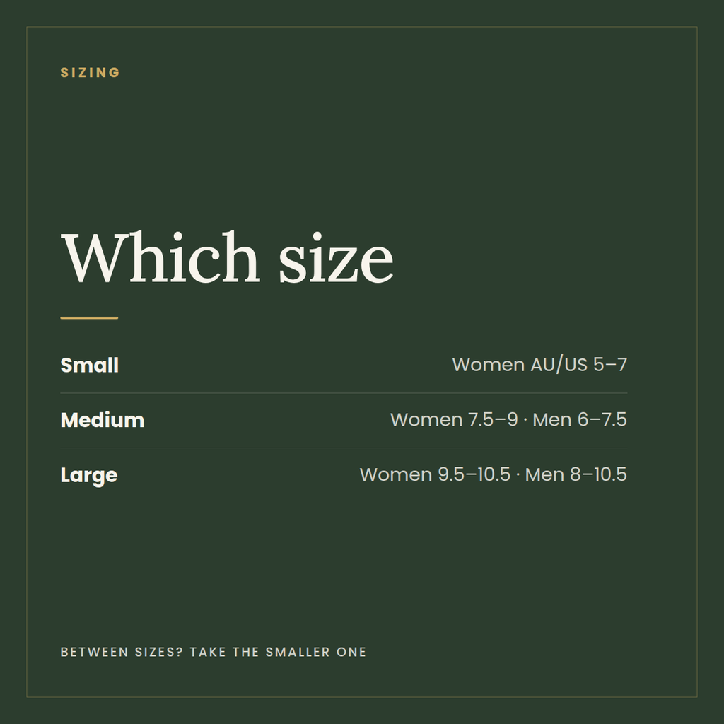 Sizing guide — small, medium and large in women's and men's Australian sizes
