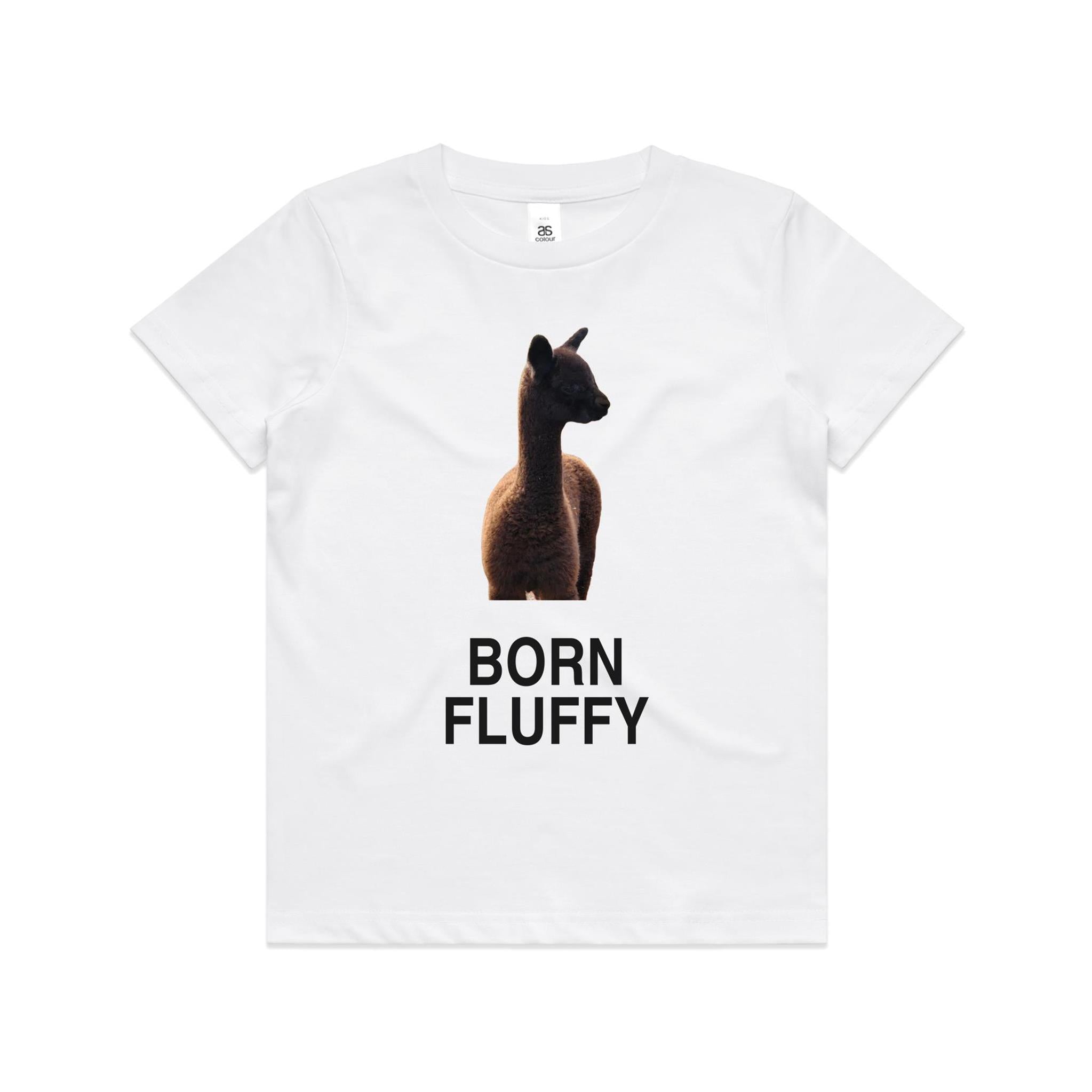 Born Fluffy Kids Tee — alpaca cria print on a kids' cotton tee, made in Australia