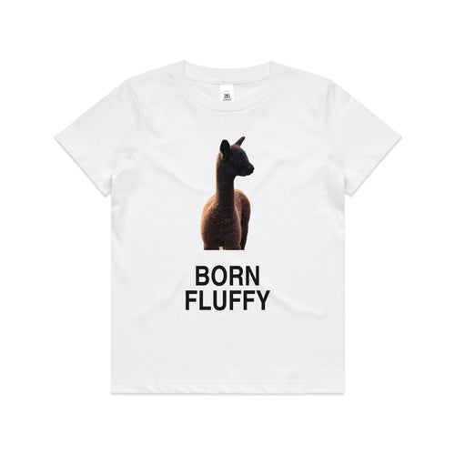 Born Fluffy Kids Tee — alpaca cria print on a kids' cotton tee, made in Australia