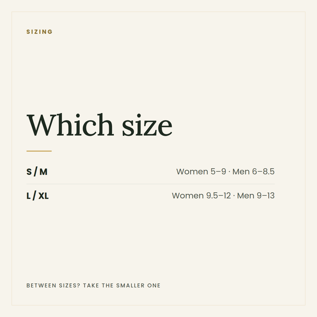 Sizing guide — S/M and L/XL in women's and men's Australian sizes